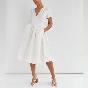 Oak + Fort Cotton Linen Wrap Dress Size S Cream Minimalist Midi